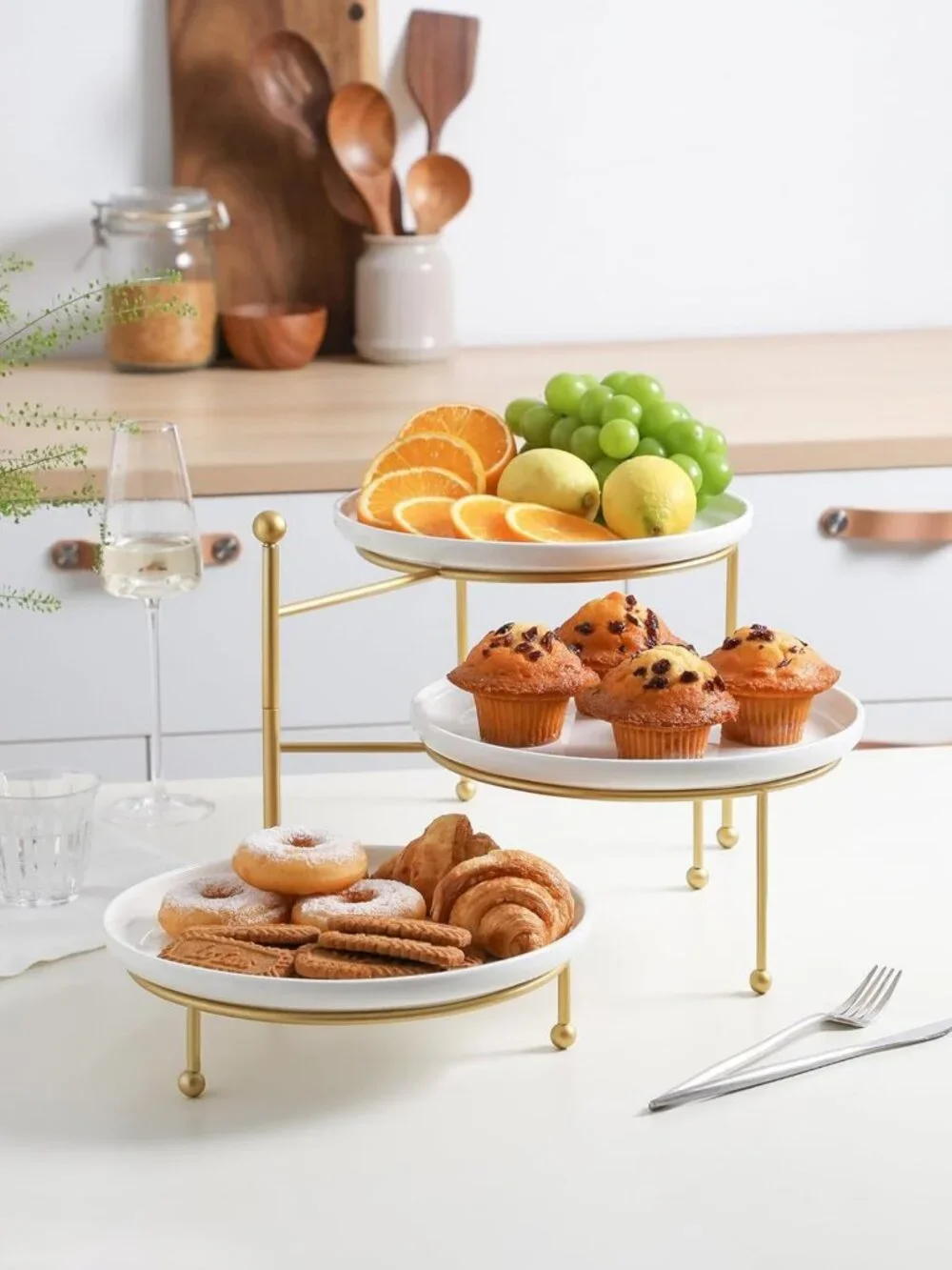 Elegant 3-Tier Serving Stand with White Porcelain Plates & Gold Metal Frame